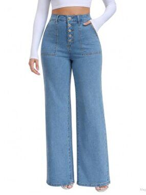 Wide Leg High Rise Jeans Button Fly Stretch Denim